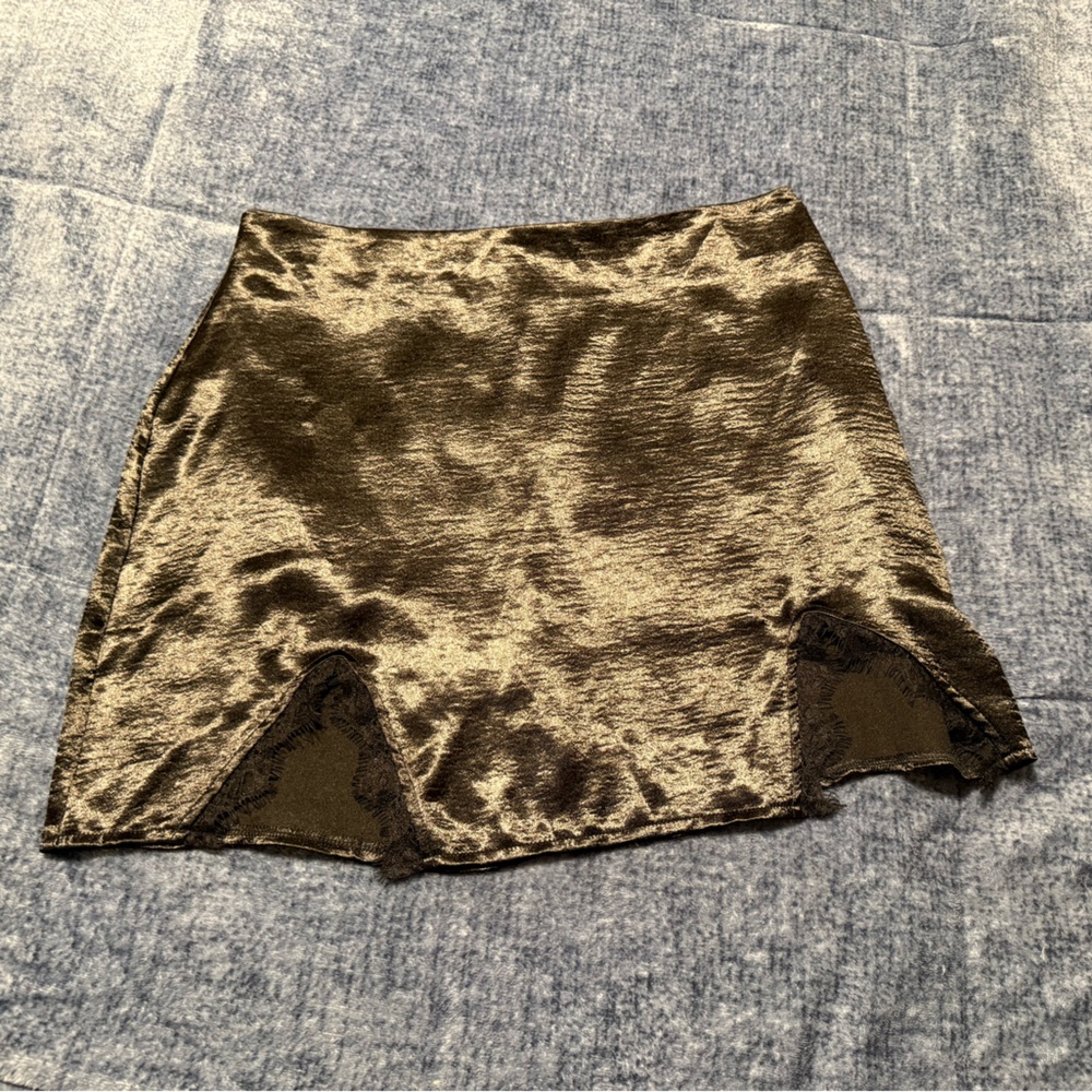 Gold Velvet Mini Skirt with Lace Trim